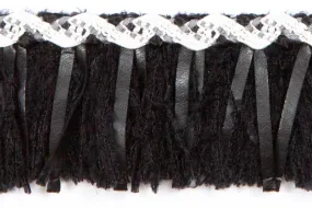 1 1/2" Black Chenille & Pleather Fringed Trim with Winter White Accent