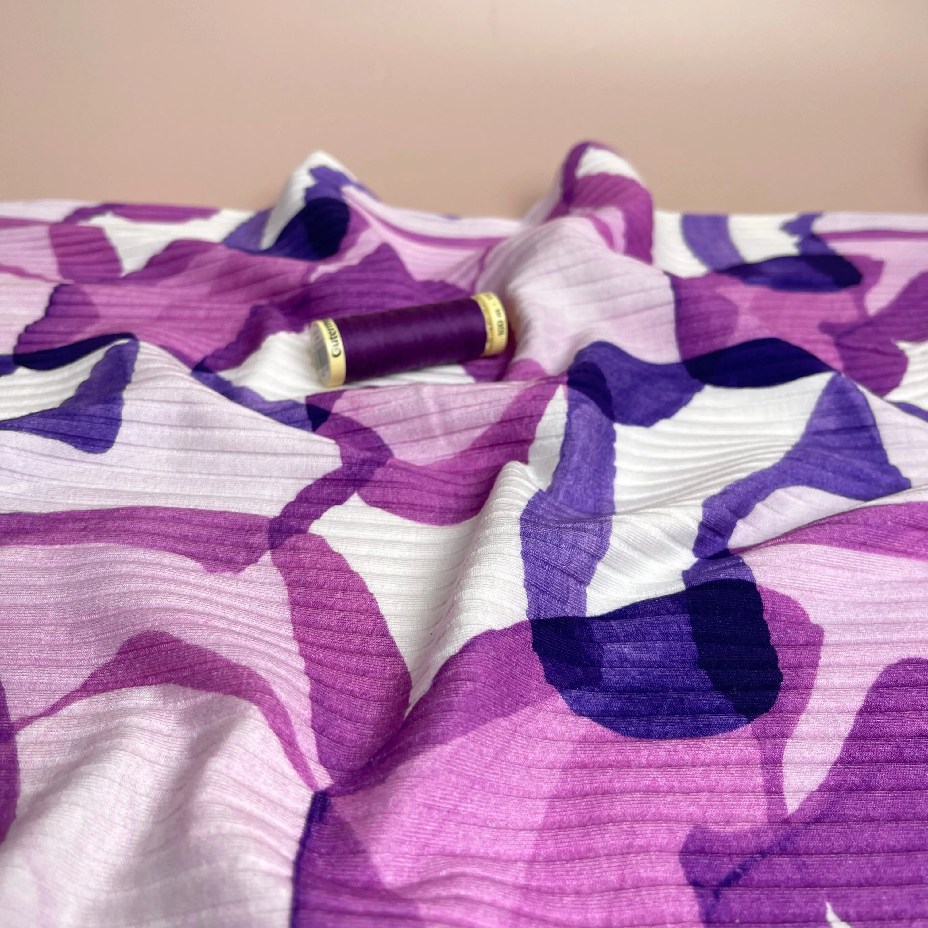 Abstract Shapes Purple Cotton Ribbed Jersey