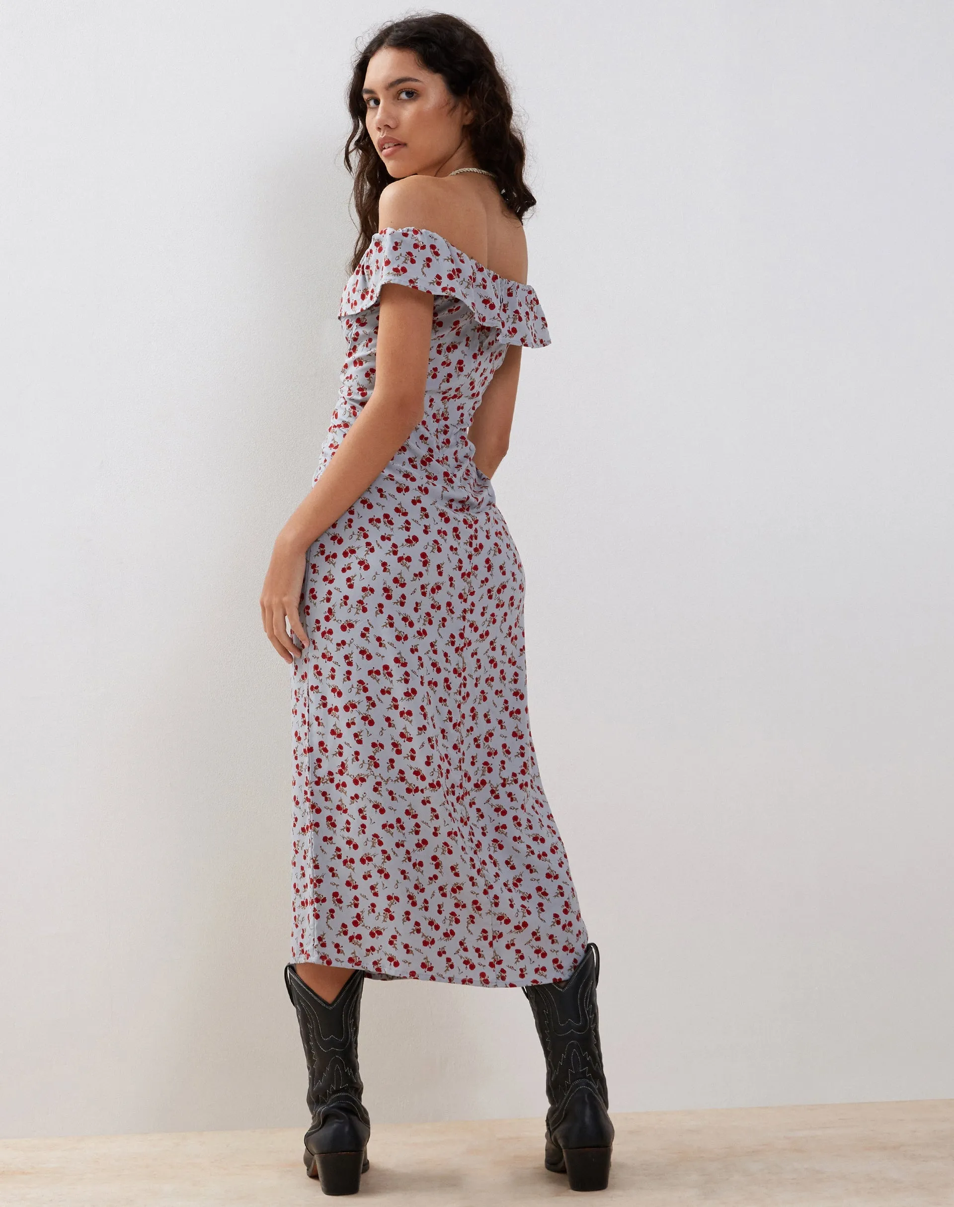 Ayudia Bardot Midi Dress in Blue Floral Ditsy