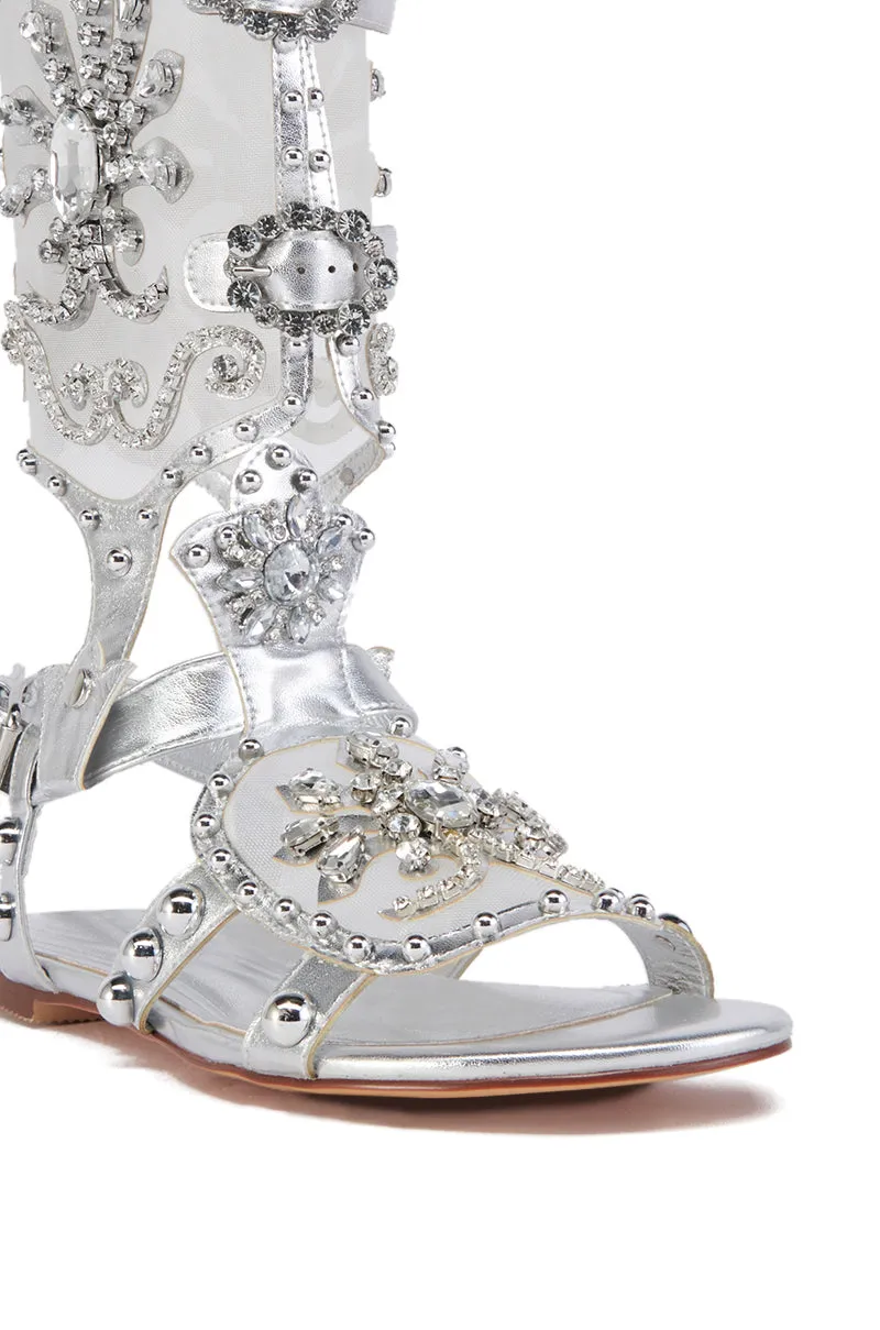 AZALEA WANG LEXLINE SILVER EMBELLISHED GLADIATOR FLAT SANDAL