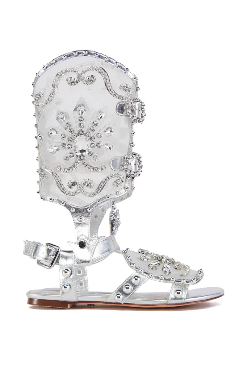 AZALEA WANG LEXLINE SILVER EMBELLISHED GLADIATOR FLAT SANDAL