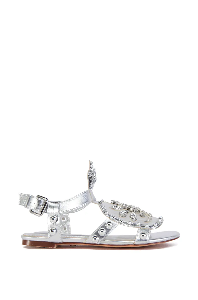 AZALEA WANG LEXLINE SILVER EMBELLISHED GLADIATOR FLAT SANDAL