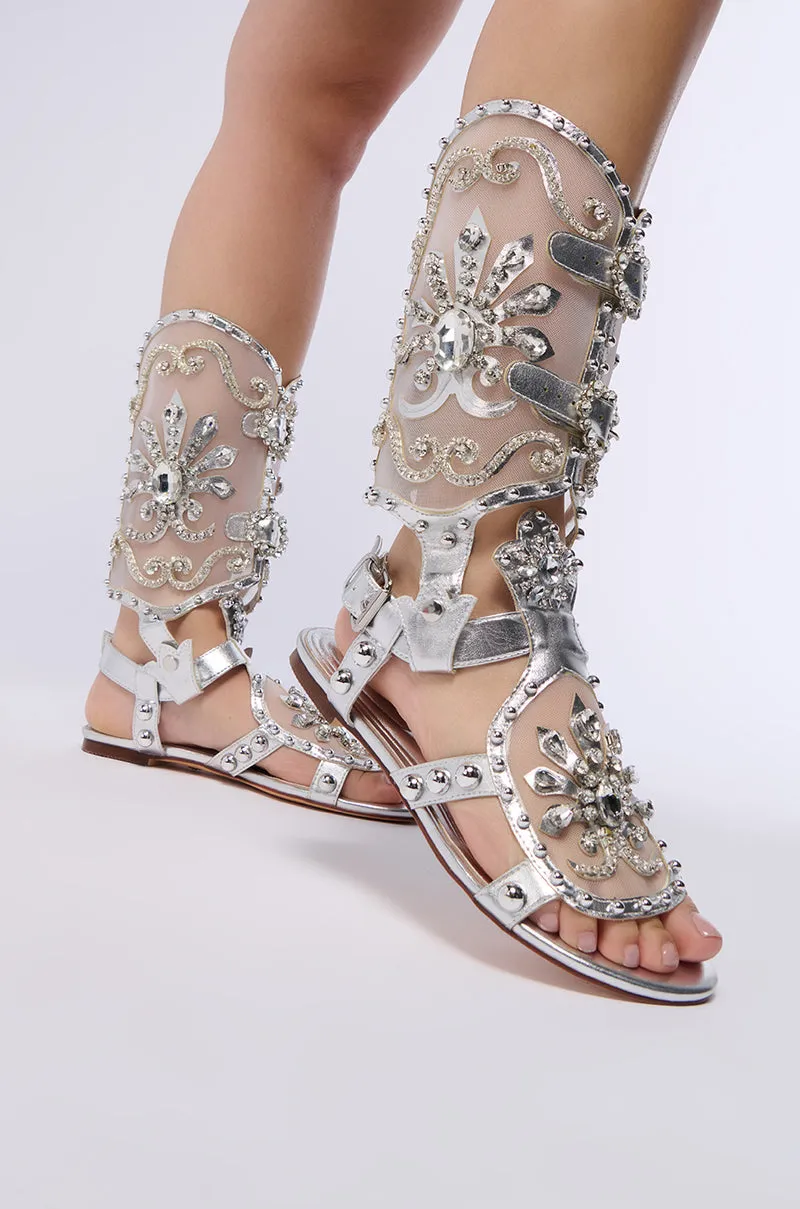 AZALEA WANG LEXLINE SILVER EMBELLISHED GLADIATOR FLAT SANDAL