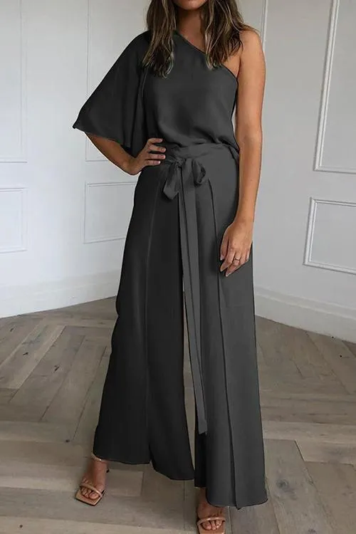 Bat One Shoulder Blouse Wide Leg Pants Set