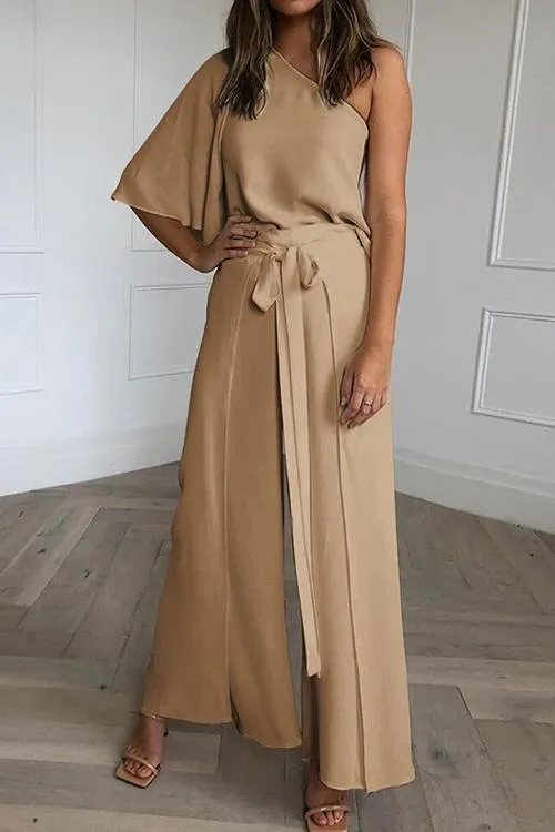 Bat One Shoulder Blouse Wide Leg Pants Set