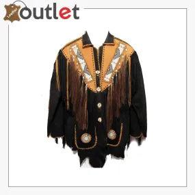 Black Western Mens Cowboy Long Fringed Suede Leather Jacket