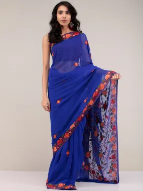 Blue Aari Embroidered Georgette Saree From Kashmir - S031704647