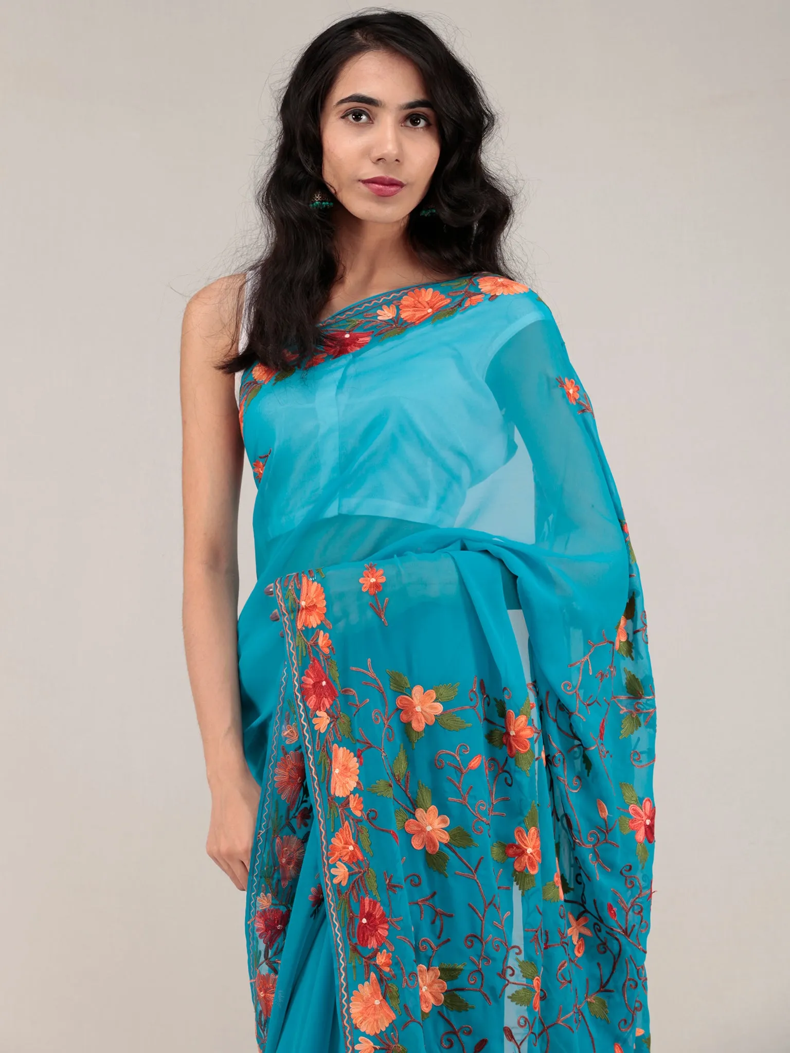 Blue Aari Embroidered Georgette Saree From Kashmir - S031704649