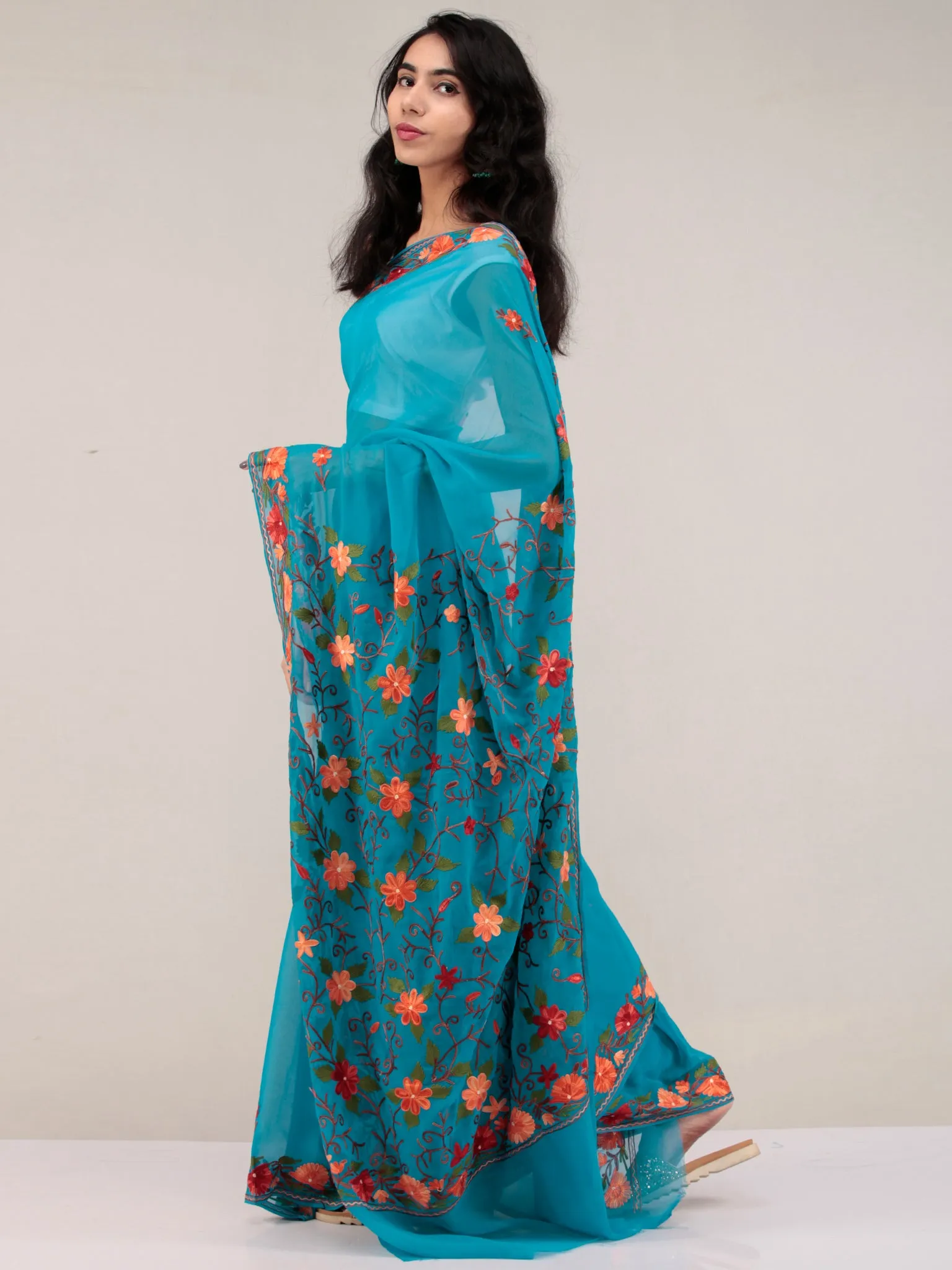 Blue Aari Embroidered Georgette Saree From Kashmir - S031704649