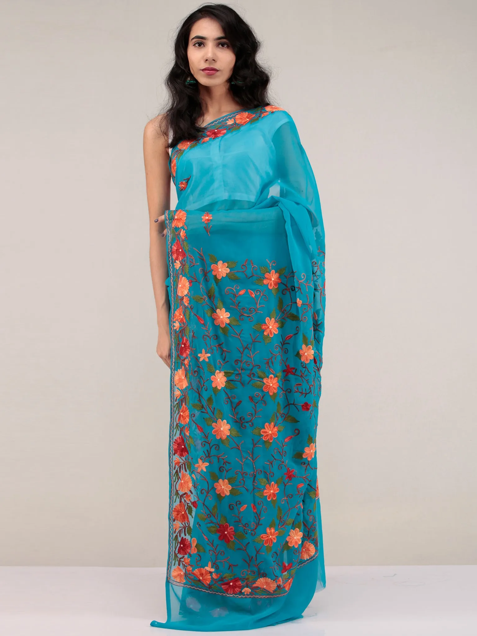 Blue Aari Embroidered Georgette Saree From Kashmir - S031704649