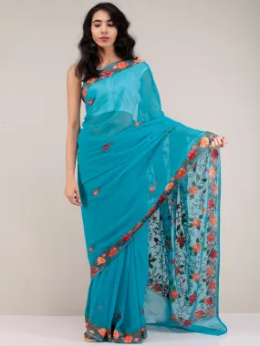 Blue Aari Embroidered Georgette Saree From Kashmir - S031704649