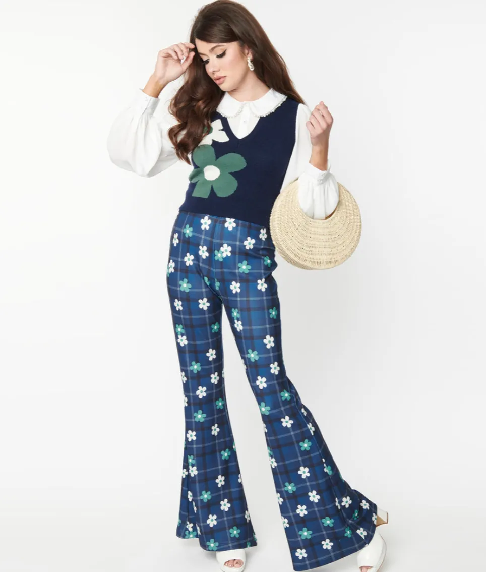 Blue Plaid Floral Flare Pants-FINAL SALE