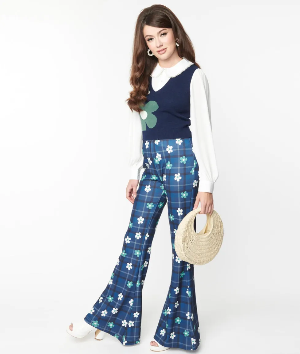 Blue Plaid Floral Flare Pants-FINAL SALE