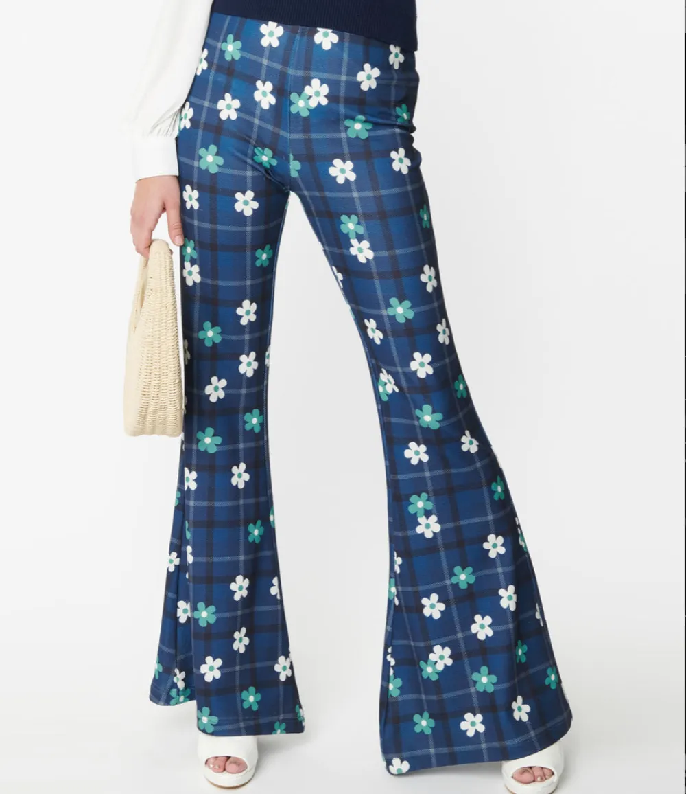 Blue Plaid Floral Flare Pants-FINAL SALE