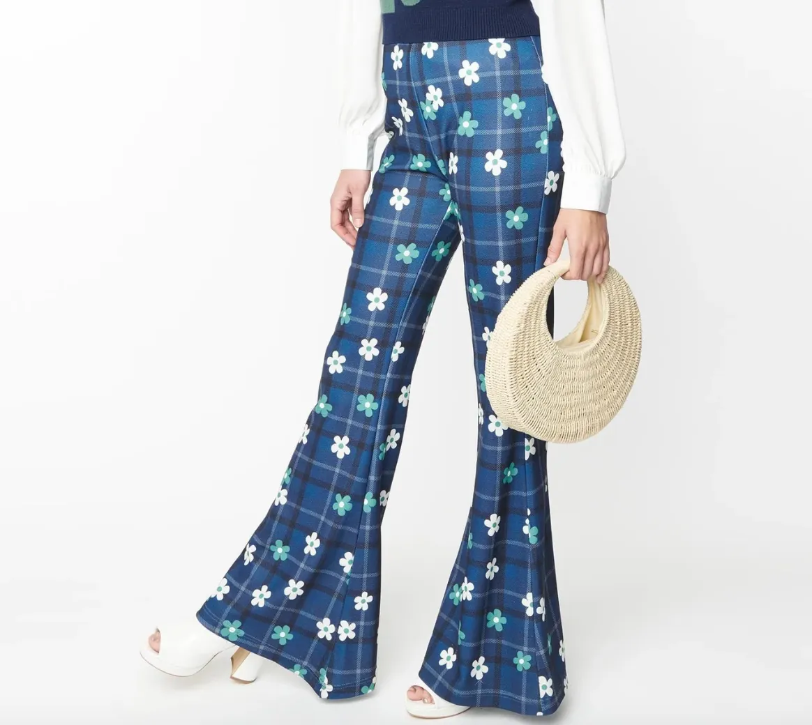 Blue Plaid Floral Flare Pants-FINAL SALE