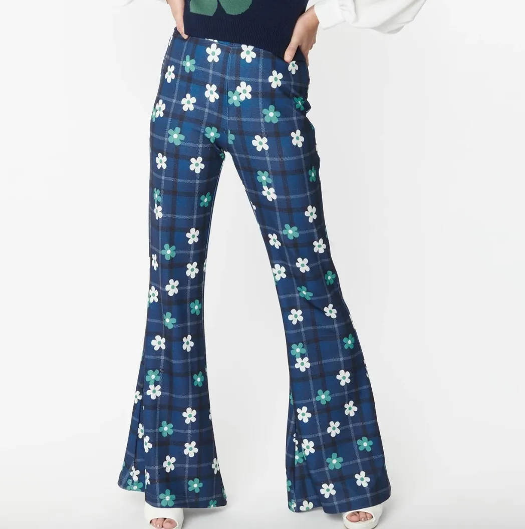 Blue Plaid Floral Flare Pants-FINAL SALE