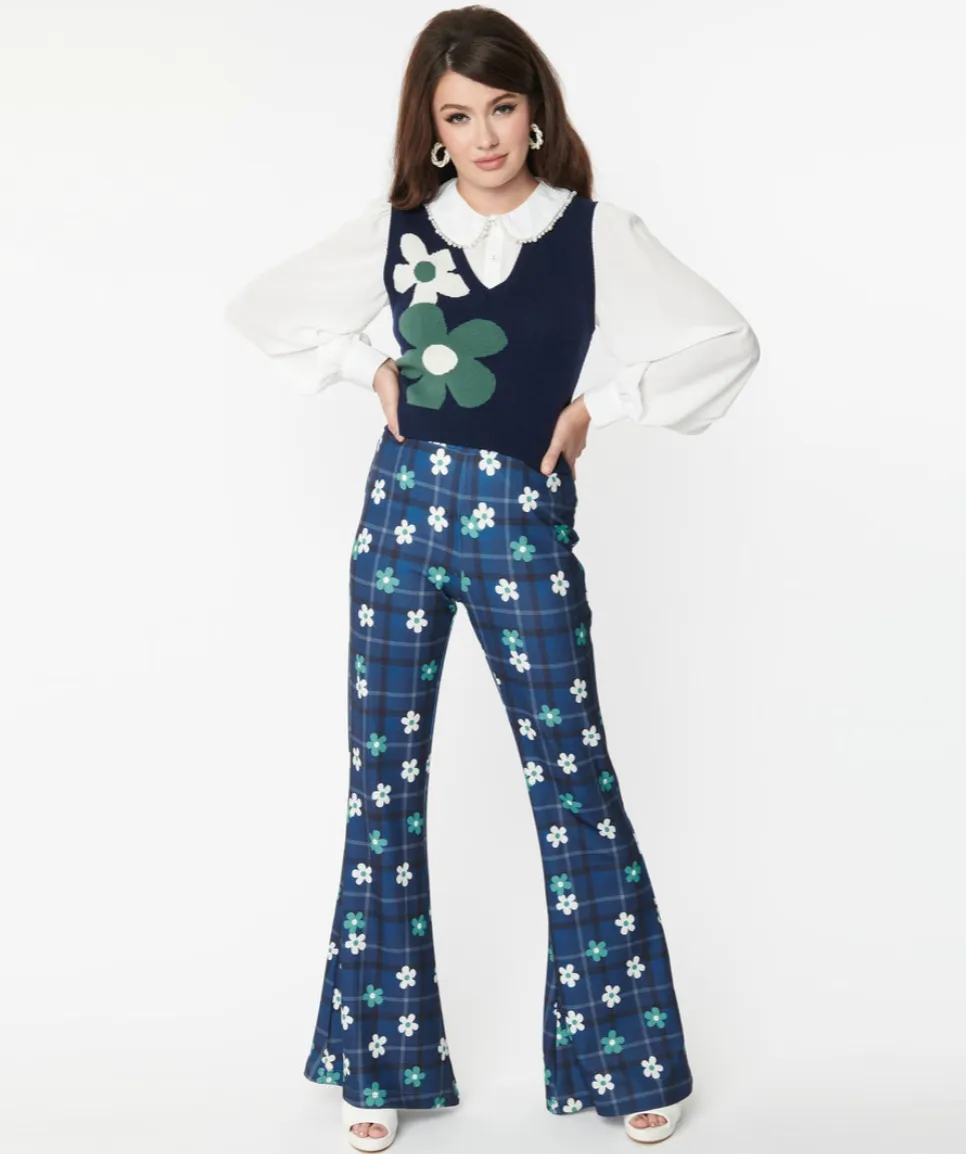 Blue Plaid Floral Flare Pants-FINAL SALE