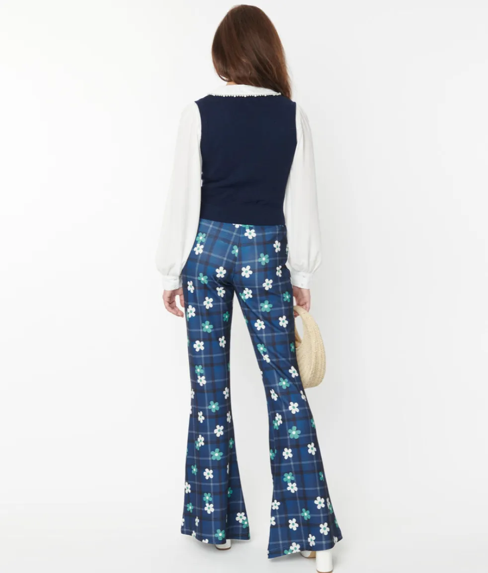 Blue Plaid Floral Flare Pants-FINAL SALE