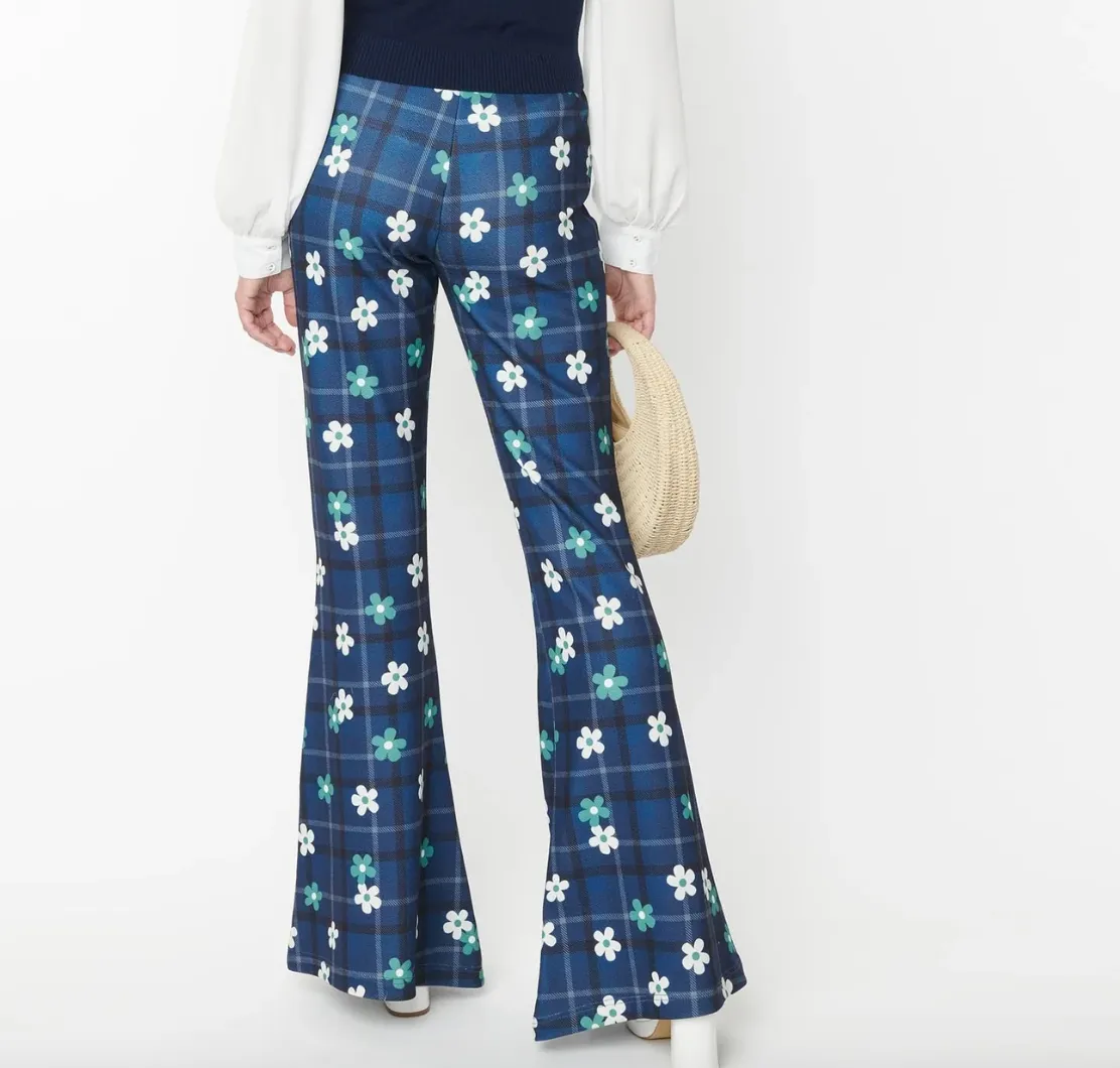 Blue Plaid Floral Flare Pants-FINAL SALE