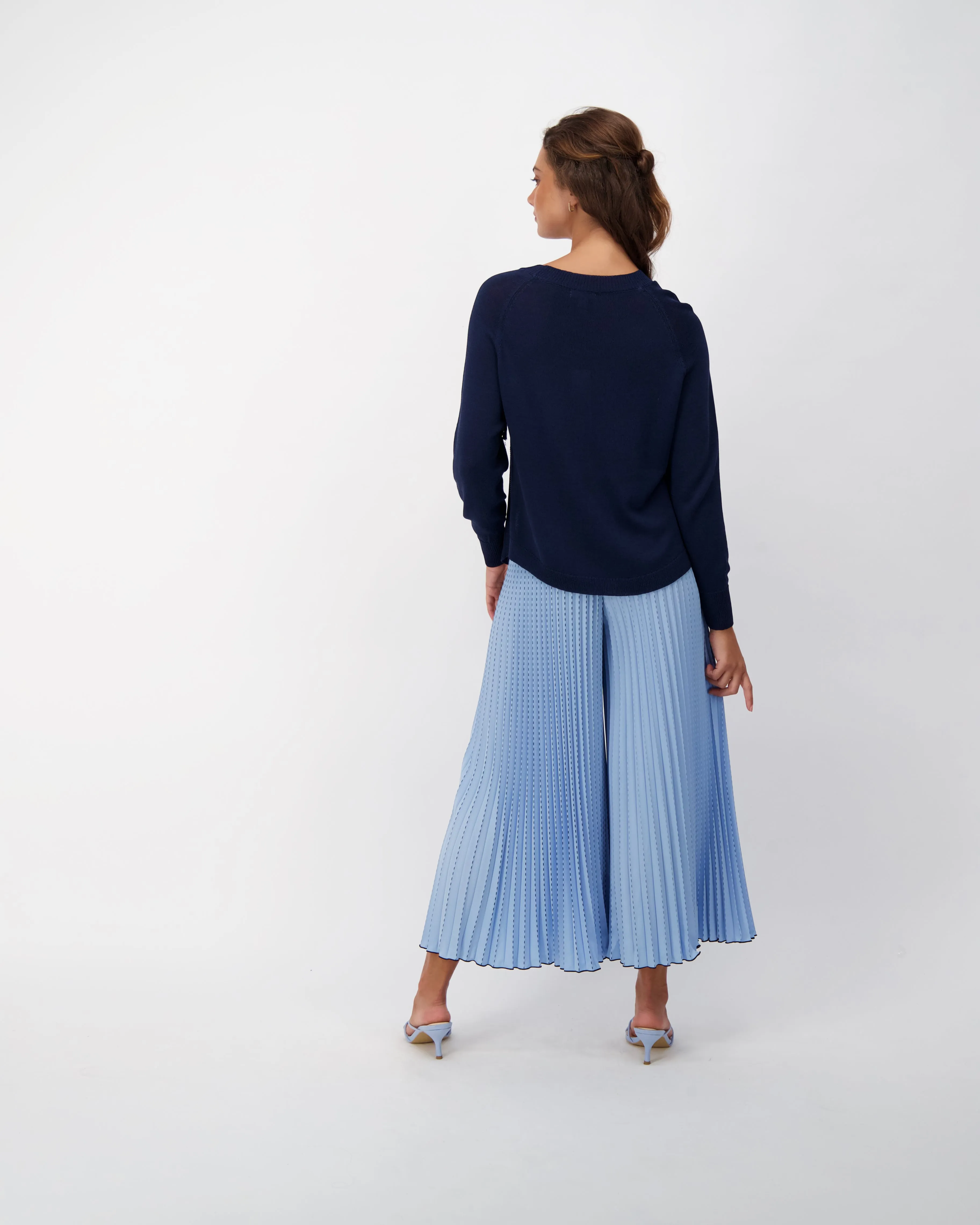 Blue Plisse Pleated Wide Leg Palazzo Pant