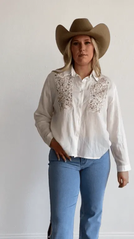 Button-Up with Embroidered Yoke, White