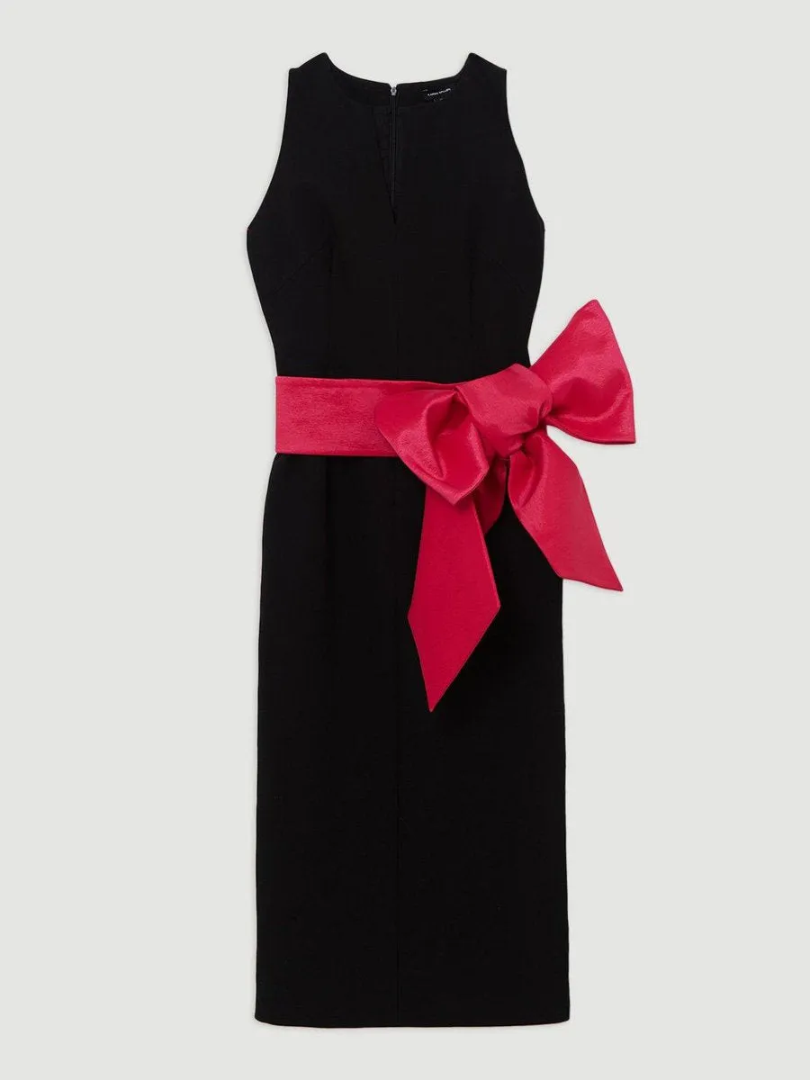 Clean Tailored Contrast Bow Tie Waist Midi Dress