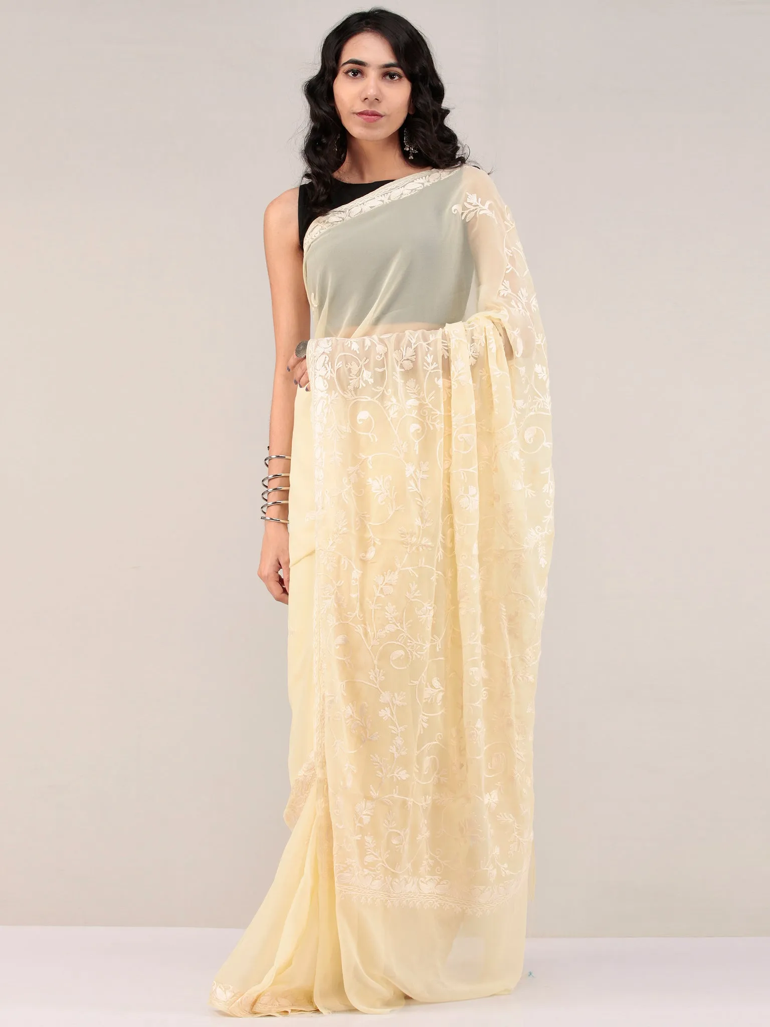 Cream Aari Embroidered Georgette Saree From Kashmir - S031704657