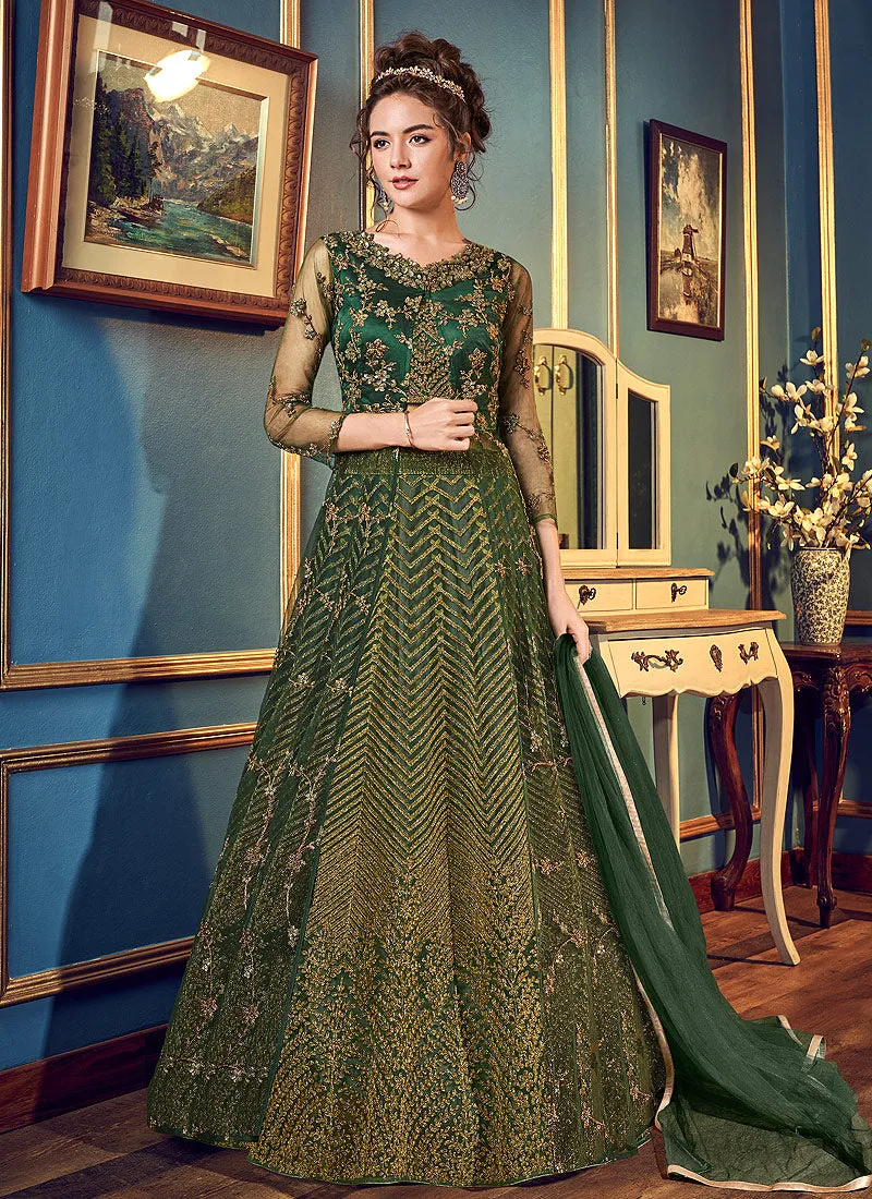 Dark Green Embroidered Slit Style Anarkali Lehenga Suit