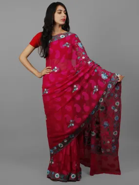 Deep Pink  Blue Grey Aari Embroidered Chiffon Saree With Paisley Self  From Kashmir  - S031702145