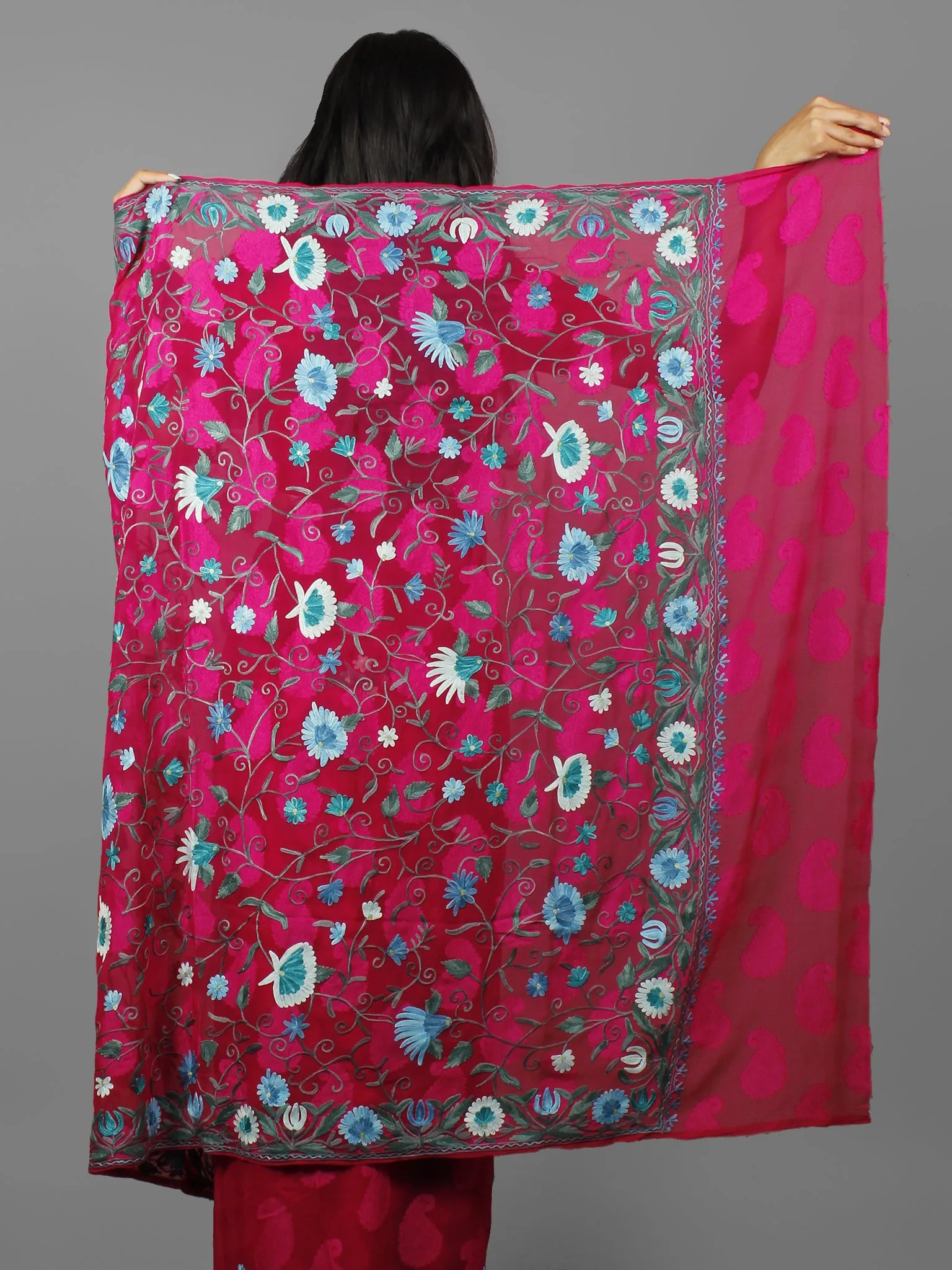 Deep Pink  Blue Grey Aari Embroidered Chiffon Saree With Paisley Self  From Kashmir  - S031702145