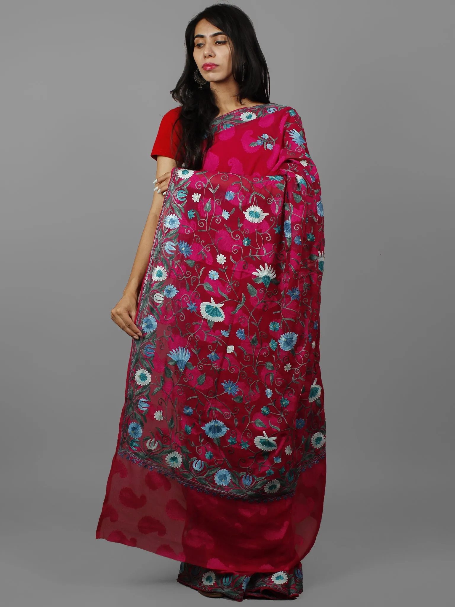 Deep Pink  Blue Grey Aari Embroidered Chiffon Saree With Paisley Self  From Kashmir  - S031702145