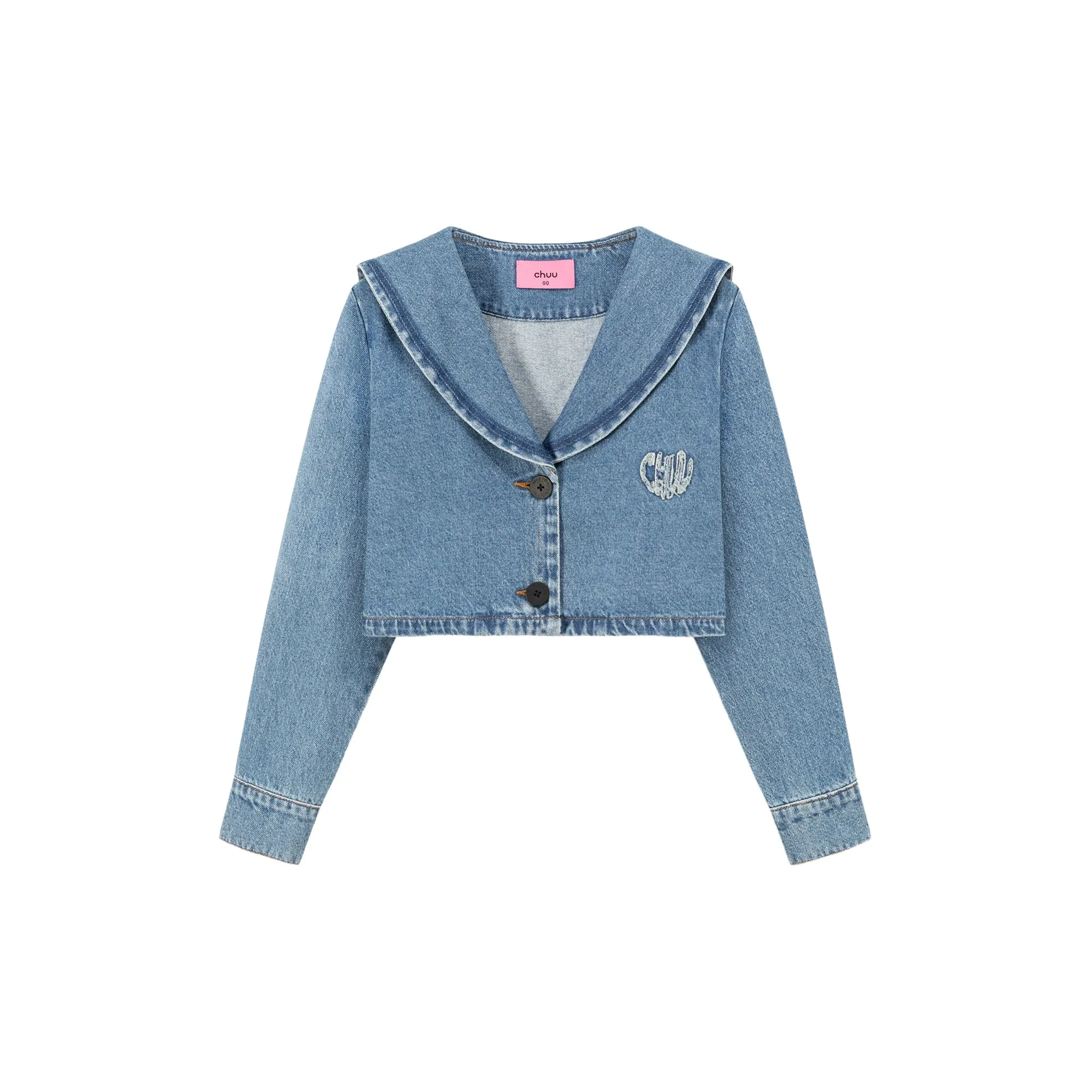 Embroidered Raw Edge Logo Sailor Denim Jacket