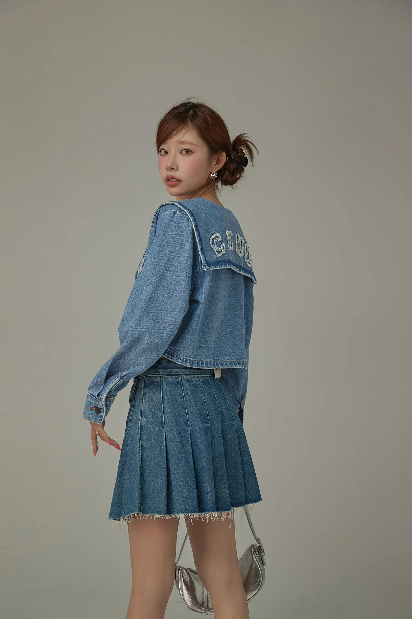 Embroidered Raw Edge Logo Sailor Denim Jacket