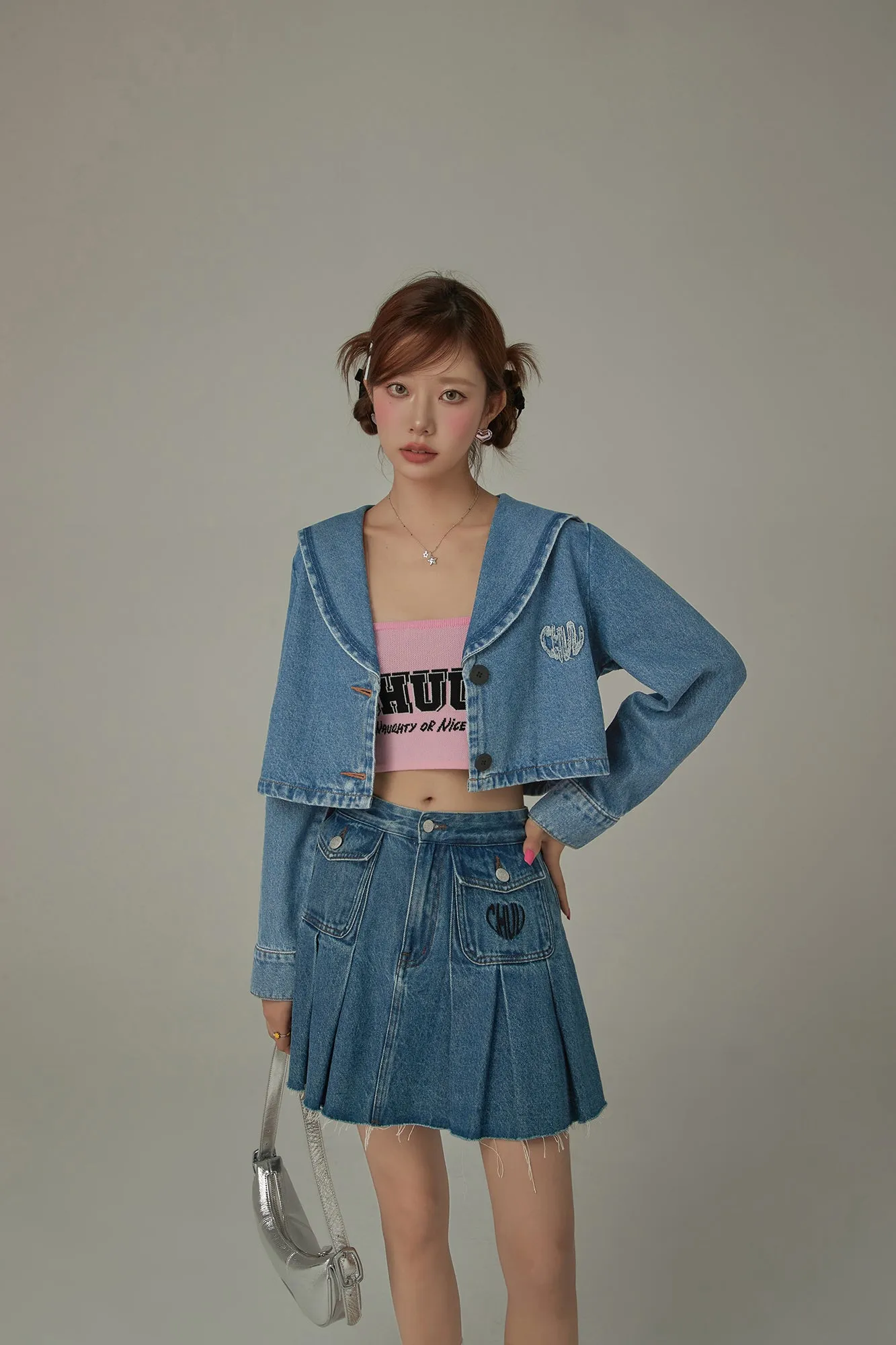 Embroidered Raw Edge Logo Sailor Denim Jacket