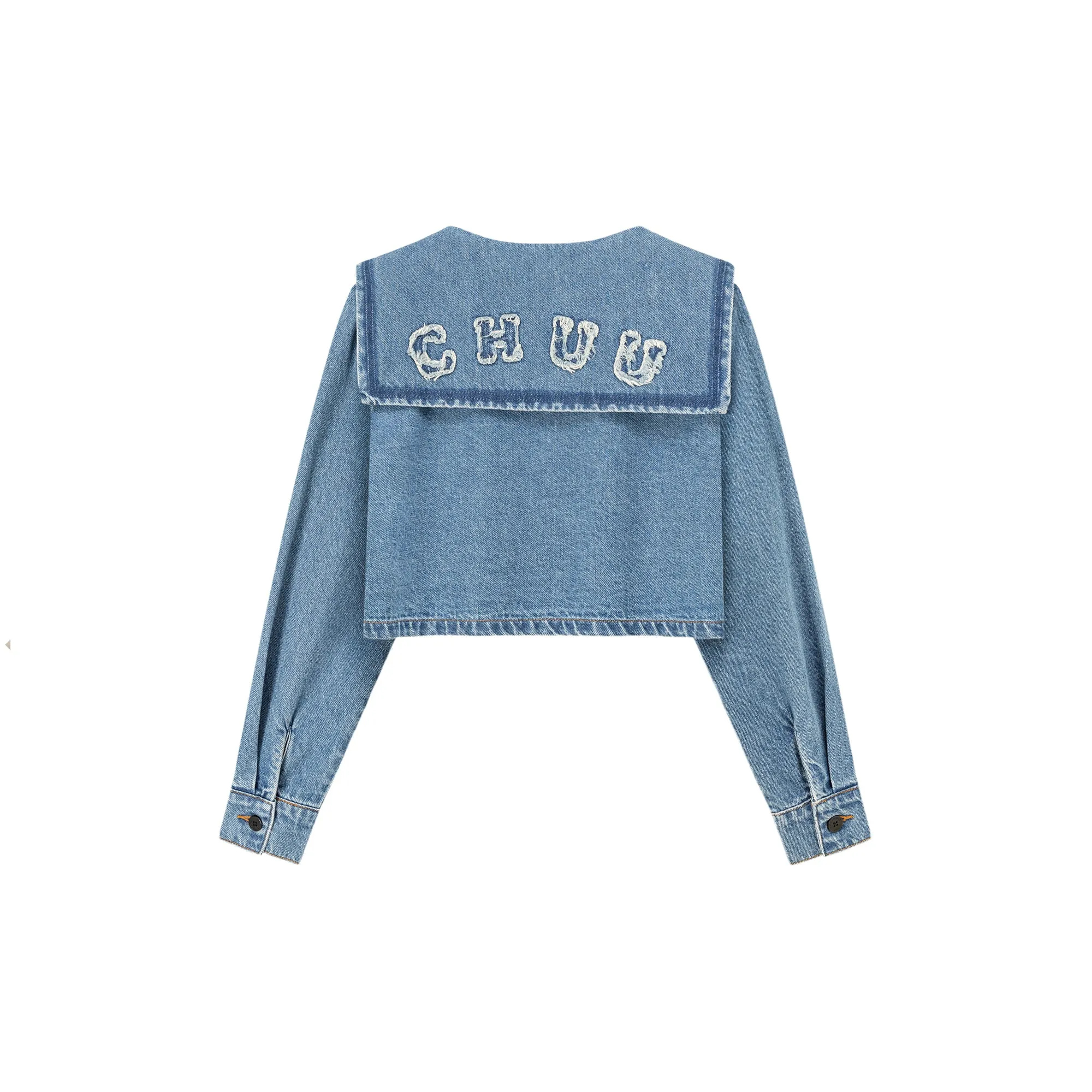 Embroidered Raw Edge Logo Sailor Denim Jacket