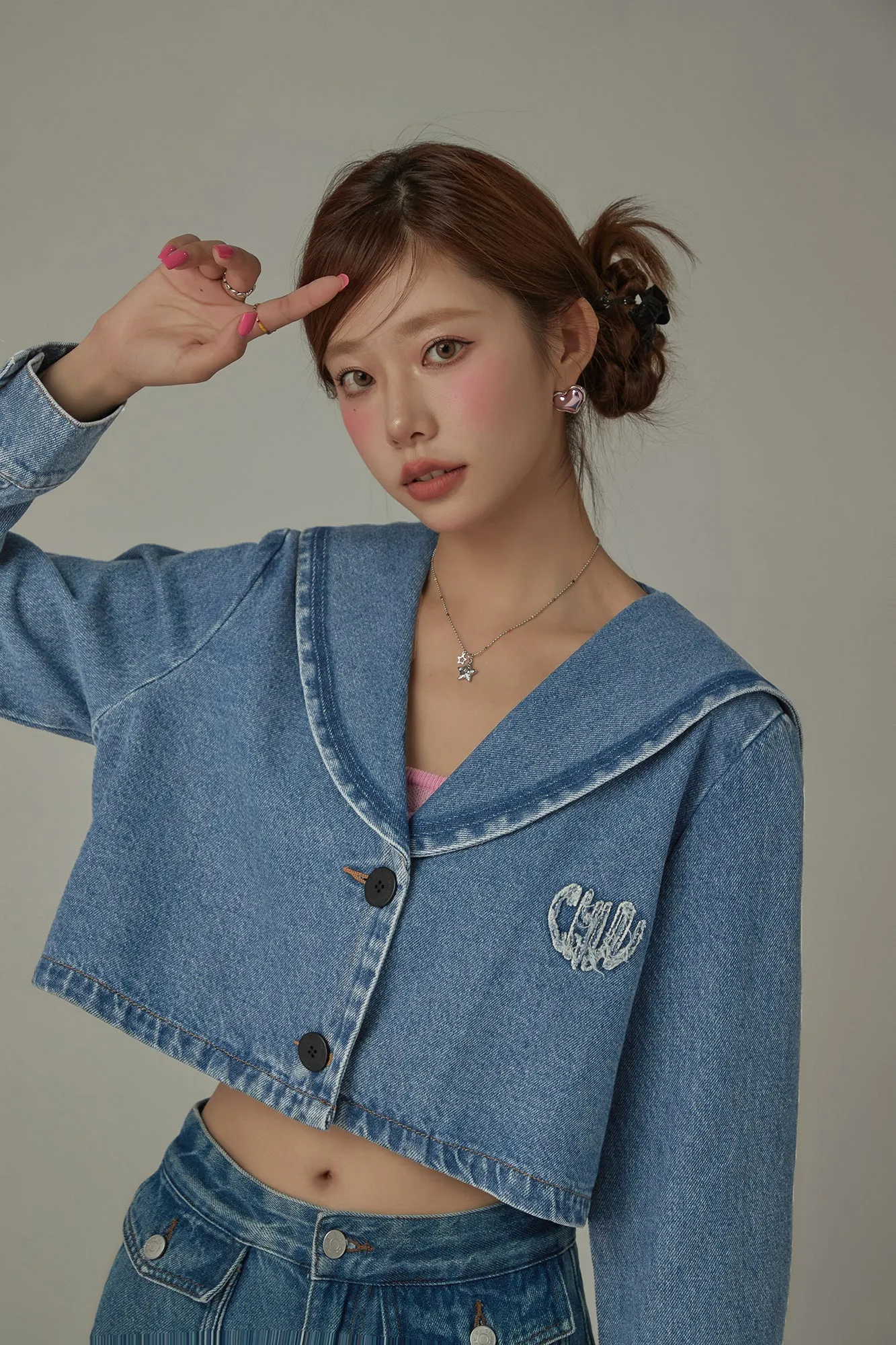 Embroidered Raw Edge Logo Sailor Denim Jacket