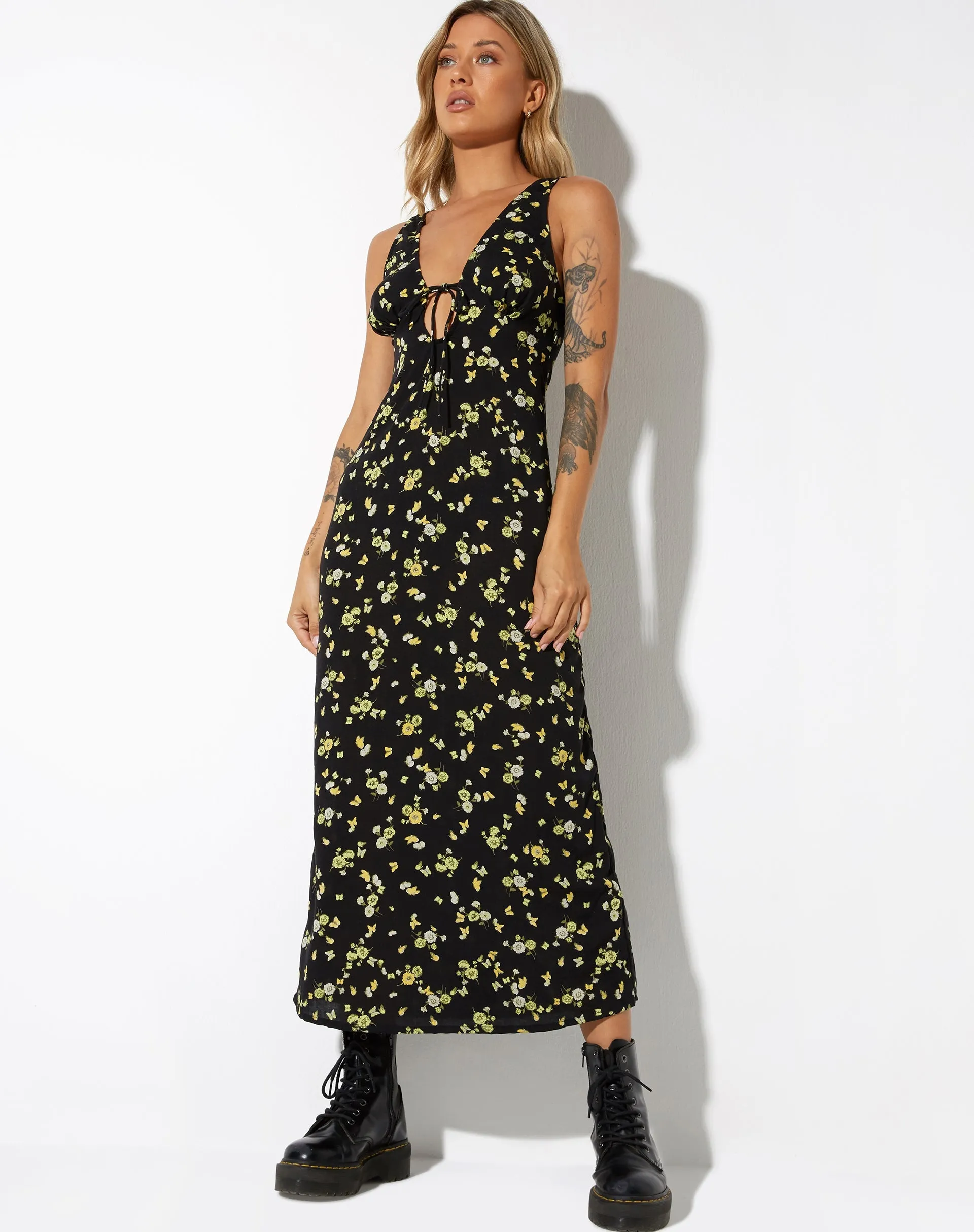 Fiaso Midi Dress in Lemon and Lime Black