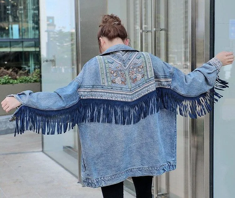 Floral Embroidered Fringed Denim Jacket