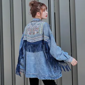 Floral Embroidered Fringed Denim Jacket