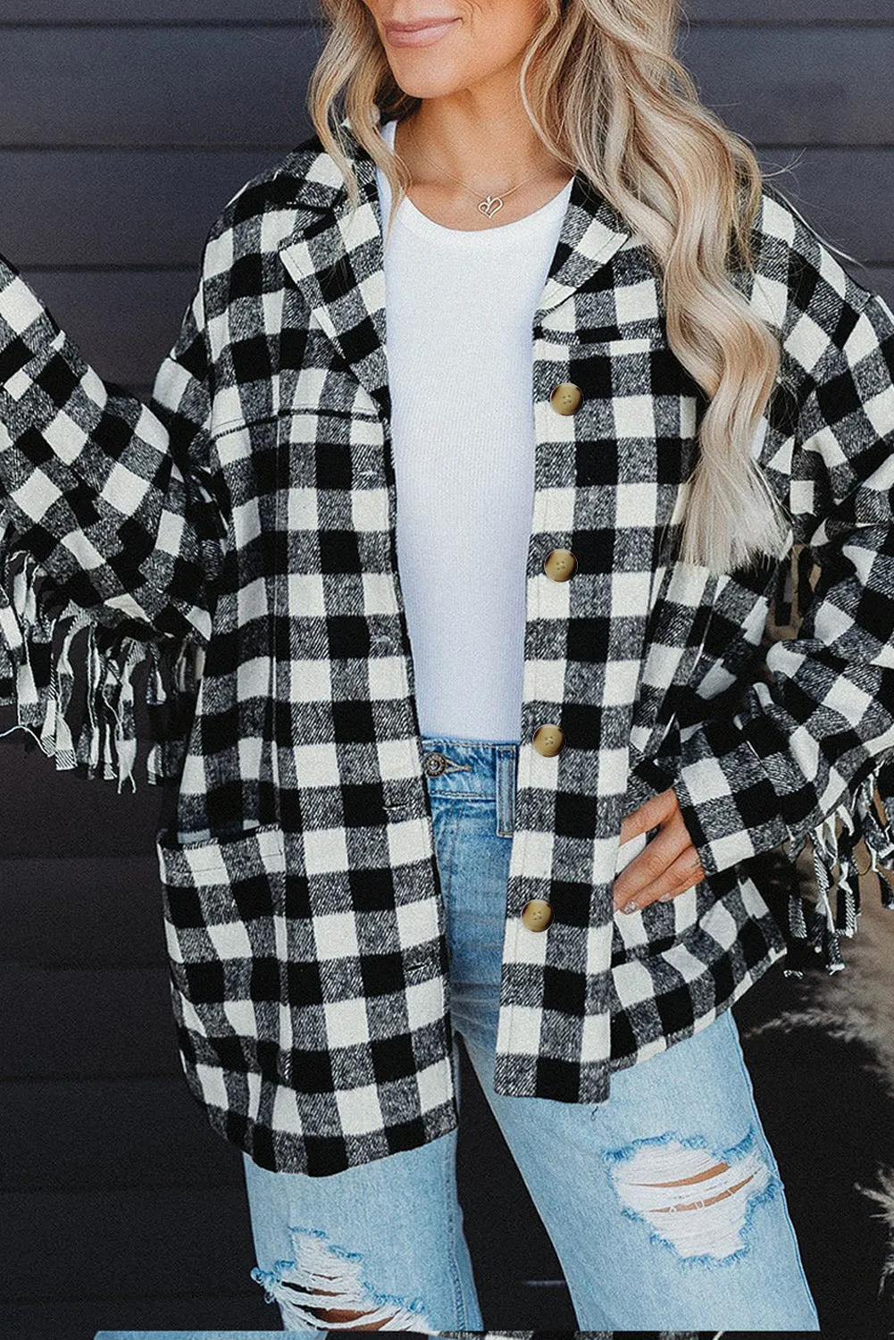 Fringed Plaid Print Shacket