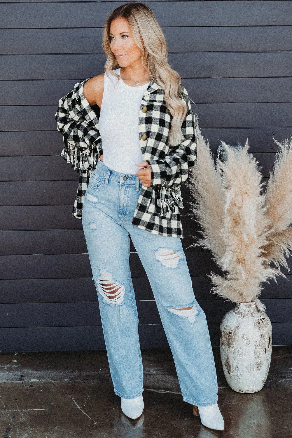 Fringed Plaid Print Shacket