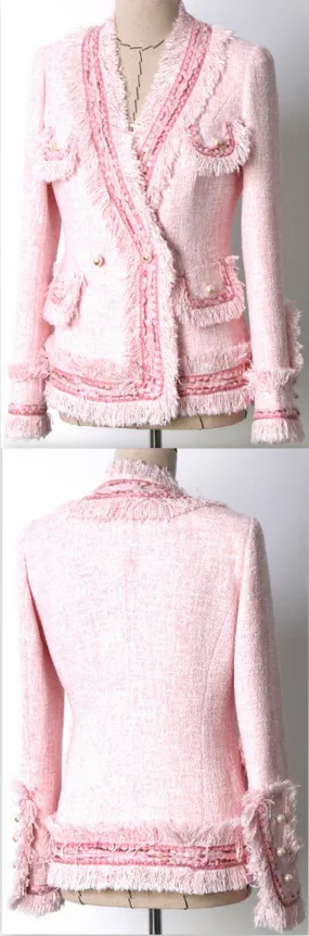 Fringed Tweed Jacket, Pink