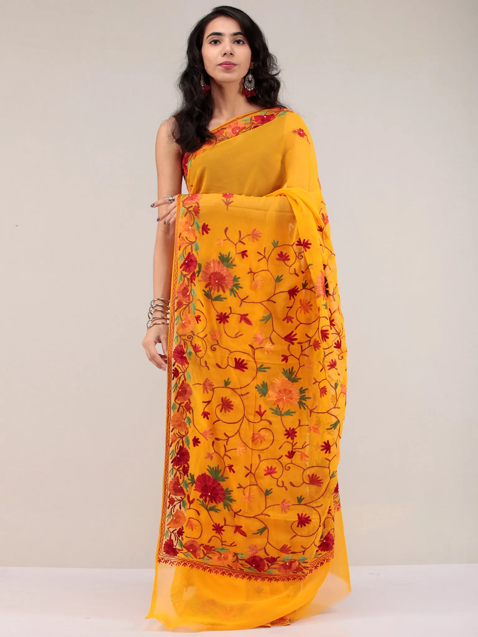 Golden Yellow Aari Embroidered Georgette Saree From Kashmir - S031704653