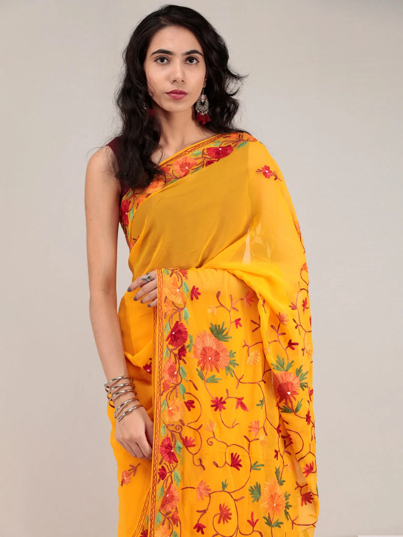 Golden Yellow Aari Embroidered Georgette Saree From Kashmir - S031704653