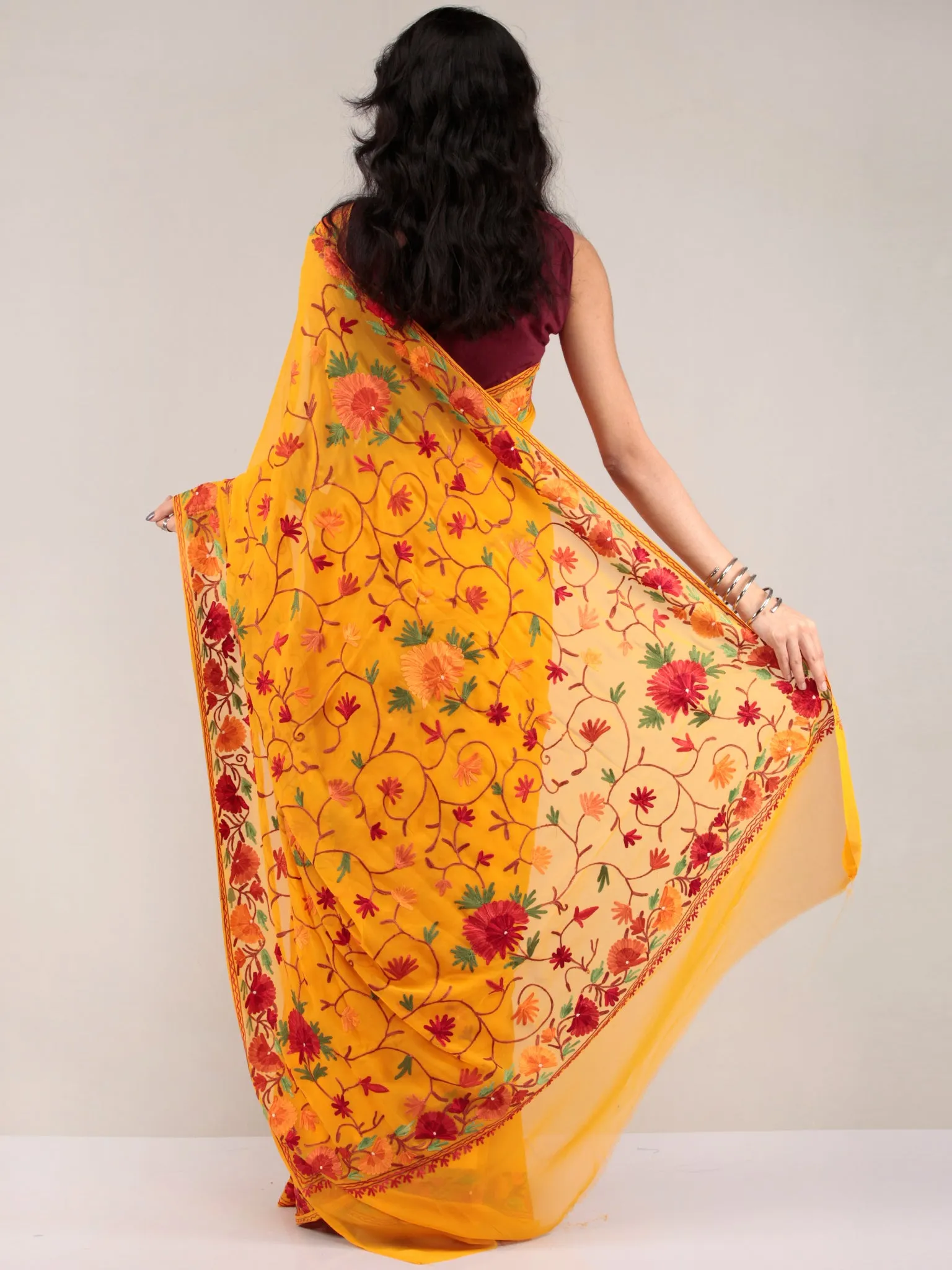 Golden Yellow Aari Embroidered Georgette Saree From Kashmir - S031704653