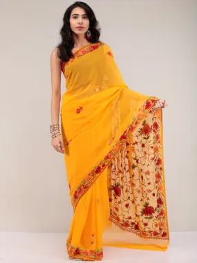 Golden Yellow Aari Embroidered Georgette Saree From Kashmir - S031704653