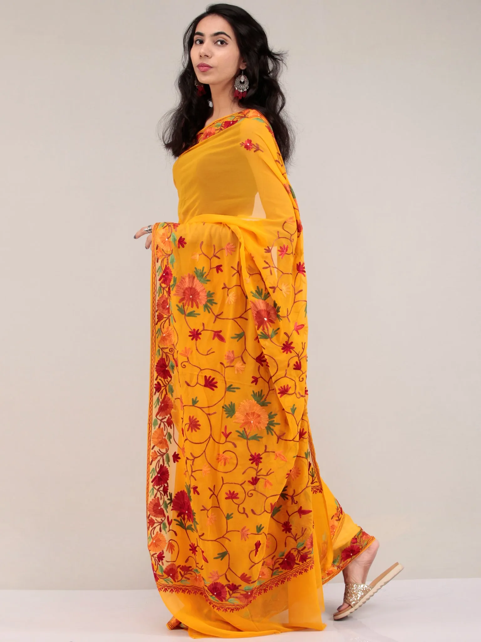 Golden Yellow Aari Embroidered Georgette Saree From Kashmir - S031704653