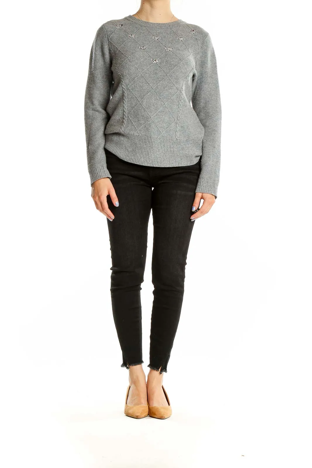 Gray Embellished Merino Wool Knit Sweater