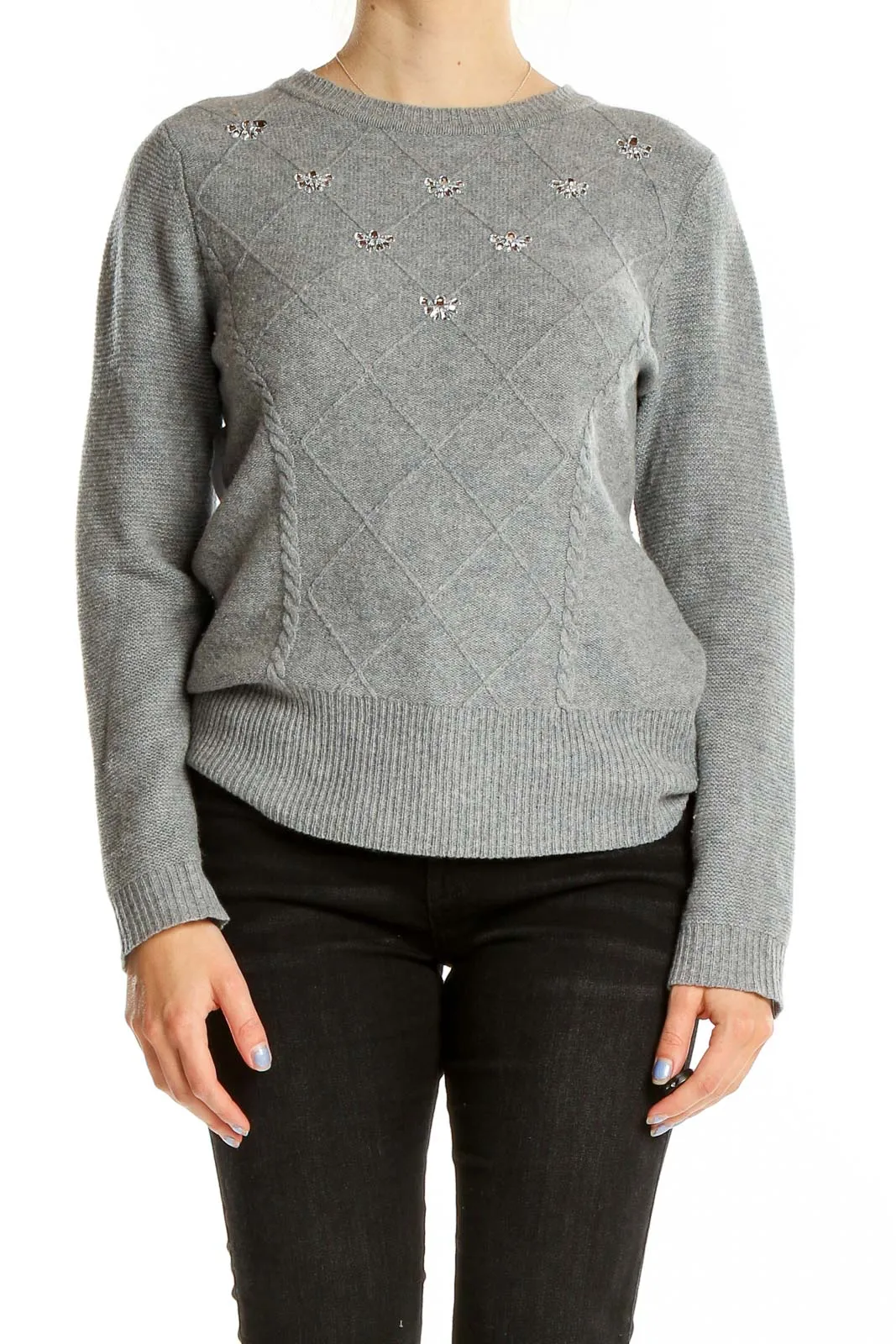 Gray Embellished Merino Wool Knit Sweater