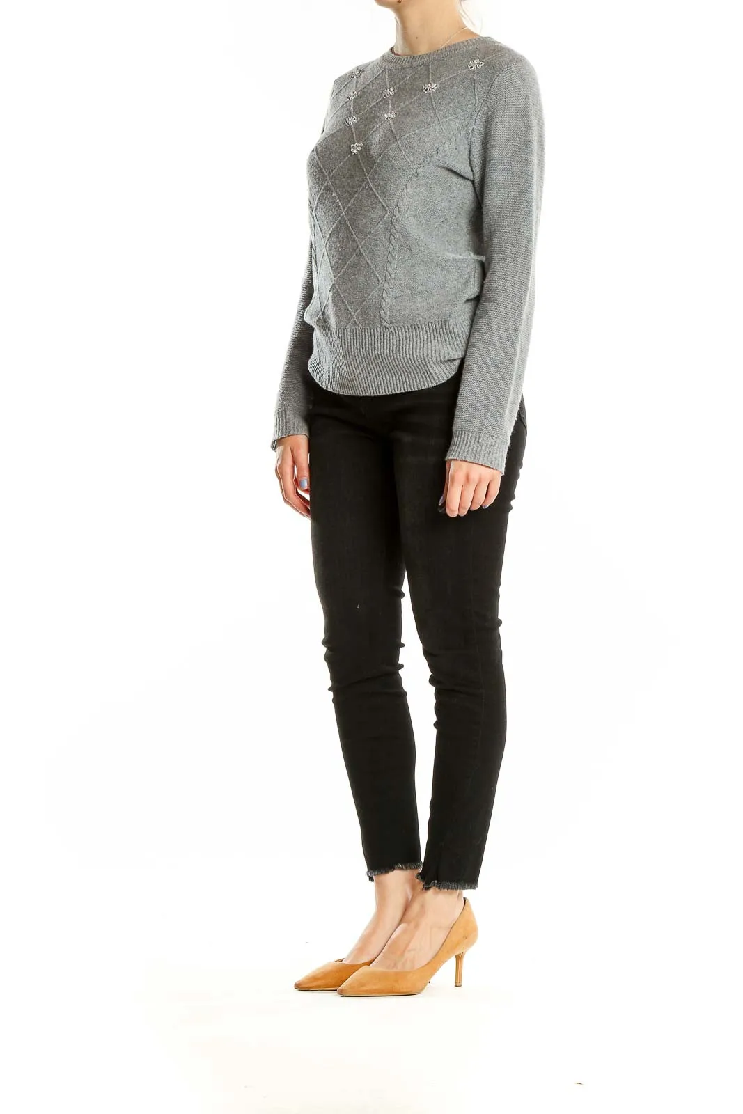 Gray Embellished Merino Wool Knit Sweater